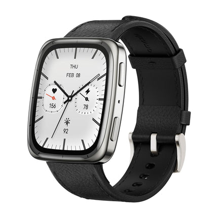 Amazfit Active 2, silver case with black leather band, angled front view showing watch face