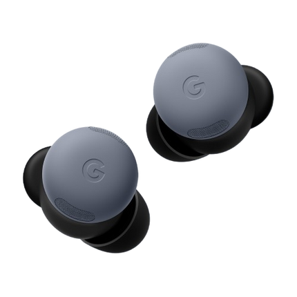 Google Pixel Buds Pro 2, blue/navy, two earbuds angled view