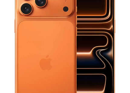 Apple iPhone 17 Pro Max, orange, front and back pair view