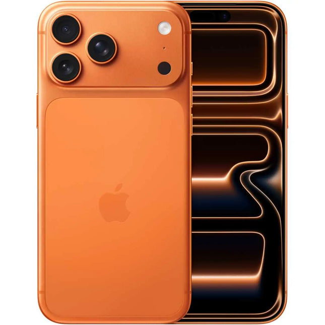 Apple iPhone 17 Pro Max, orange, front and back pair view