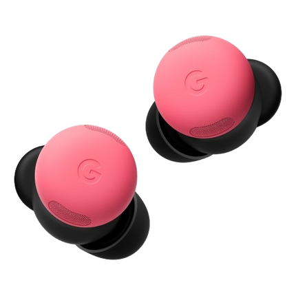 Google Pixel Buds Pro 2, pink/coral, two earbuds angled view