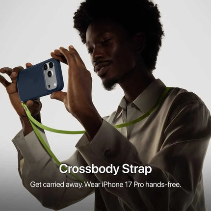 Apple iPhone 17 Pro Max, lifestyle: person wearing crossbody strap with phone