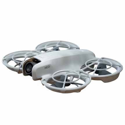 DJI Neo Drone, white/gray, front angled view on white background