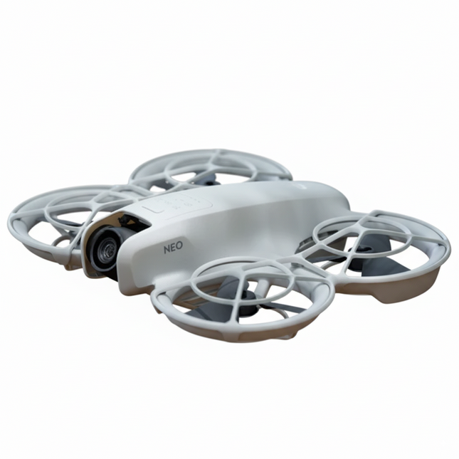 DJI Neo Drone, white/gray, front angled view on white background