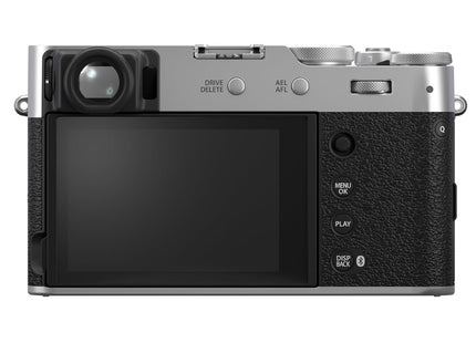 Fujifilm X100VI, silver/black, rear view with flat screen showing menu