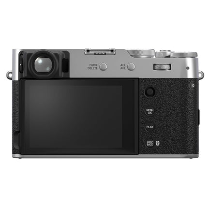 Fujifilm X100VI, silver/black, rear view with flat screen showing menu