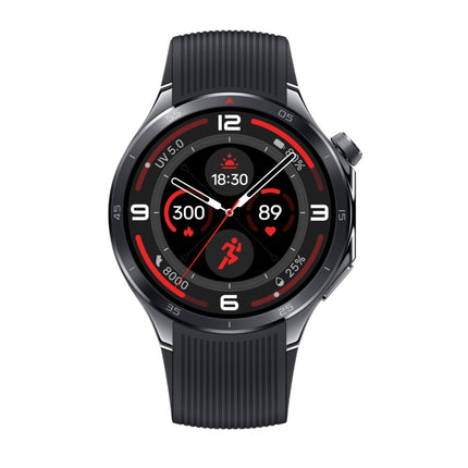 OnePlus Watch 3, black case with black band, front view showing sport watch face