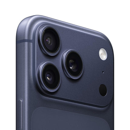 Apple iPhone 17 Pro Max, navy/dark blue, rear angled view showing camera module