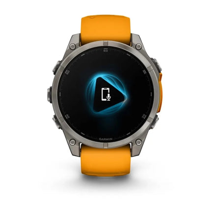 Garmin Fenix 8 Smartwatch, titanium/orange band, display on showing Garmin app screen