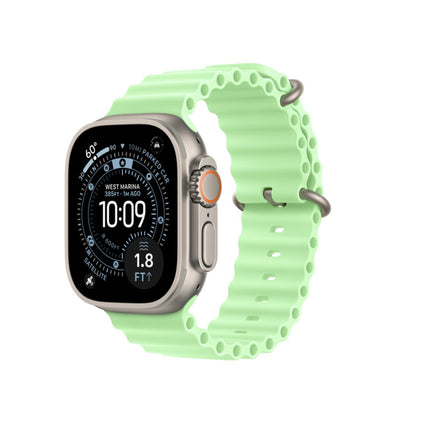 Apple Watch Ultra 3 49mm, natural titanium with mint green ocean band, front display on