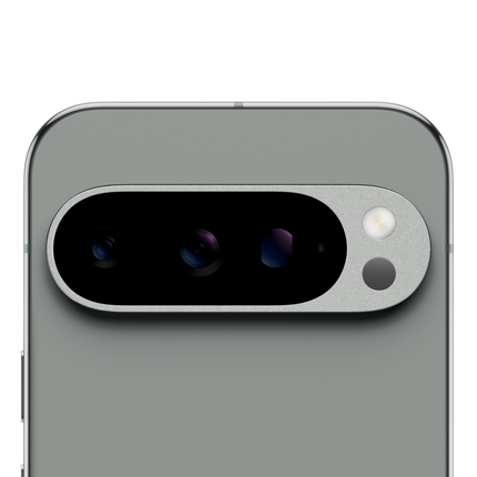 Google Pixel 9 Pro XL, hazel/green-gray, closeup of rear camera module angled