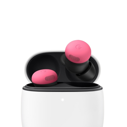 Google Pixel Buds Pro 2, pink/coral, earbuds in open charging case view
