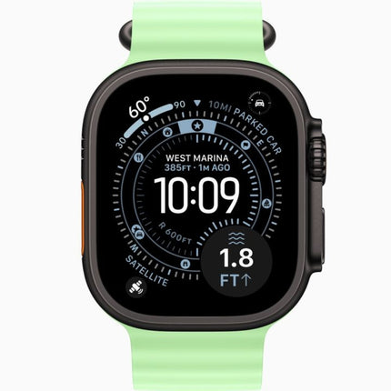 Apple Watch Ultra 3 49mm, black titanium with mint green ocean band, front display on