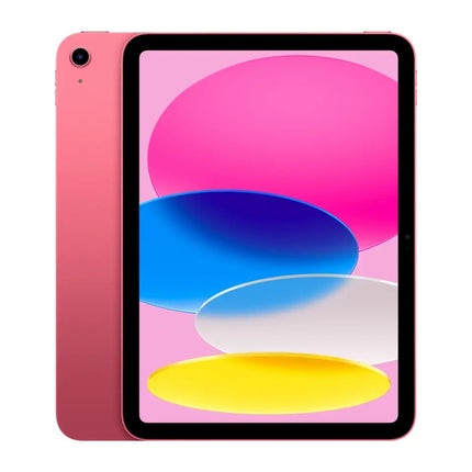 Apple iPad 11-inch (2025, 11th Gen), pink, front view with colorful wallpaper