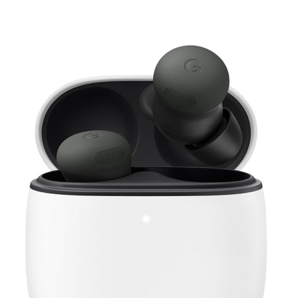 Google Pixel Buds Pro, charcoal/dark gray, earbud in charging case with lid open