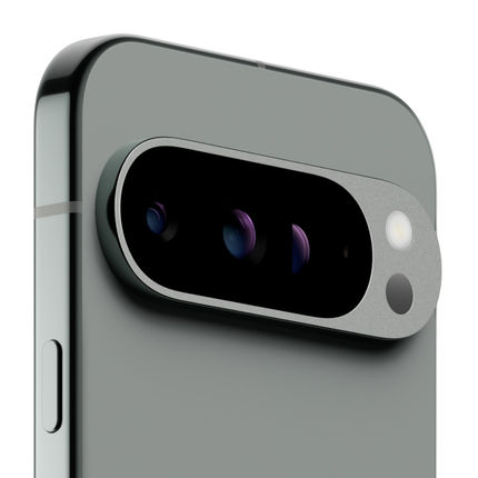 Google Pixel 9 Pro XL, hazel/green-gray, closeup of rear triple camera bar