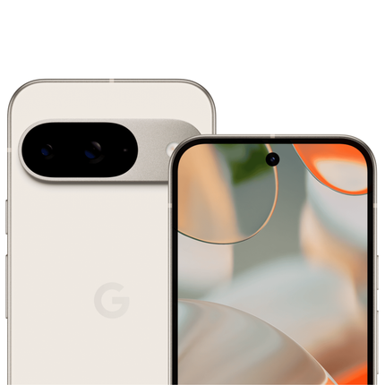 Google Pixel 9 5G, porcelain/white, angled front and back view pair