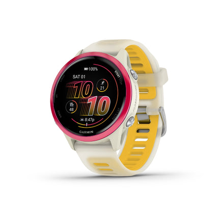 Garmin Forerunner 570 Smartwatch, white/yellow band, display on showing sport watch face
