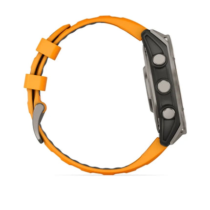 Garmin Fenix 8 Smartwatch, titanium/orange band, side profile view