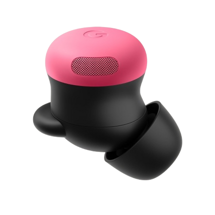 Google Pixel Buds Pro 2, pink/coral, single earbud angled close-up view