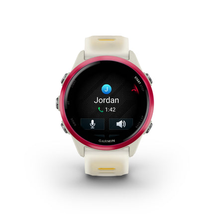Garmin Forerunner 570 Smartwatch, white/yellow band, display on showing voice call screen
