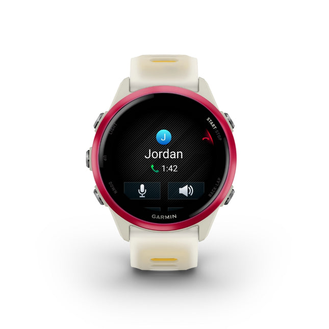 Garmin Forerunner 570 Smartwatch, white/yellow band, display on showing voice call screen