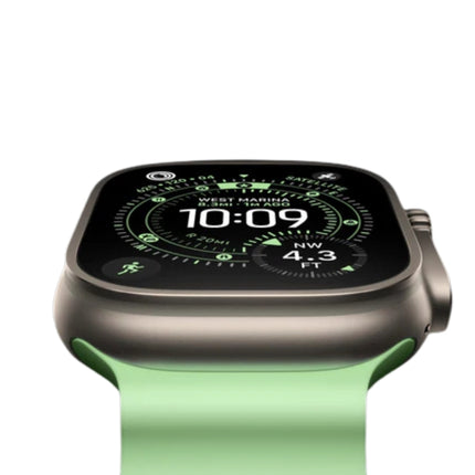 Apple Watch Ultra 3 49mm, natural titanium with mint green ocean band, angled side view