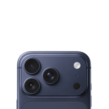 Apple iPhone 17 Pro Max, navy/dark blue, rear top-down view showing camera module