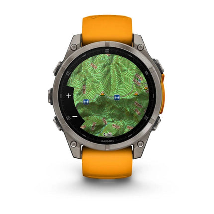 Garmin Fenix 8 Smartwatch, titanium/orange band, display on showing map view