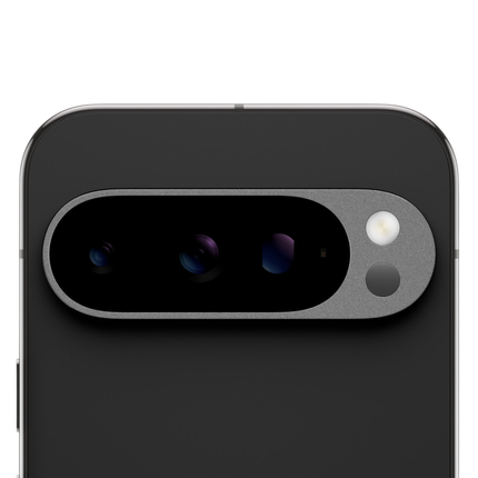 Google Pixel 9 Pro, obsidian/black, closeup of rear camera module angled