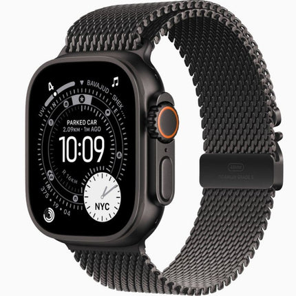 Apple Watch Ultra 3 49mm, black titanium with black mesh band, angled front display on