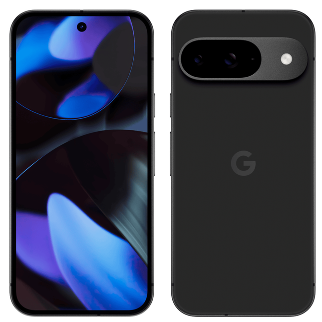 Google Pixel 9 5G, obsidian/black, front and back view pair