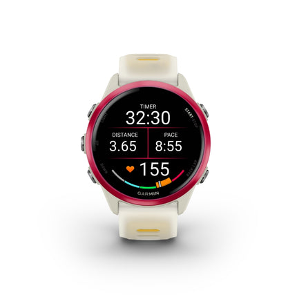 Garmin Forerunner 570 Smartwatch, white/yellow band, display on showing run metrics