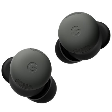 Google Pixel Buds Pro 2, dark charcoal, two earbuds angled view