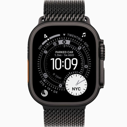 Apple Watch Ultra 3 49mm, black titanium with black mesh band, front display on
