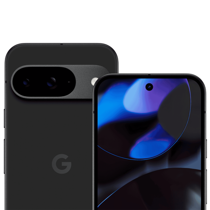 Google Pixel 9 5G, obsidian/black, angled front and back view pair