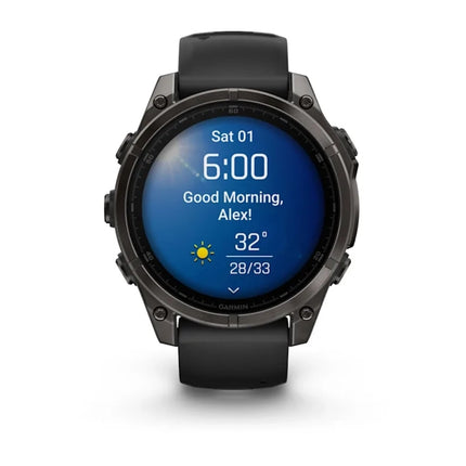 Garmin Fenix 8 Smartwatch, black/gray case with black band, display on showing morning summary