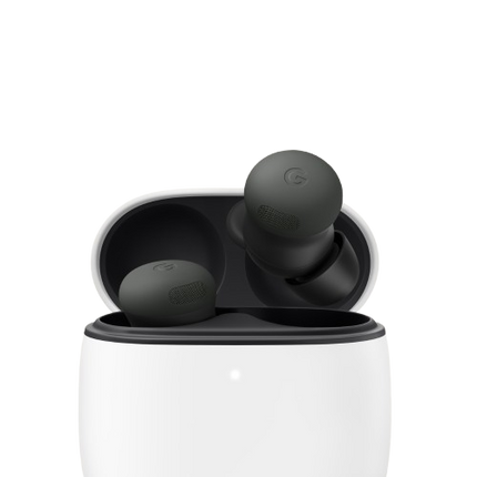 Google Pixel Buds Pro 2, black/charcoal, earbuds in open charging case view