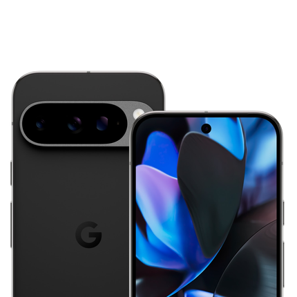 Google Pixel 9 Pro XL, obsidian/black, angled front and back view pair