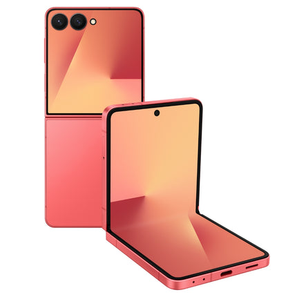 Samsung Galaxy Z Flip7, coral/orange-red, open and closed dual view