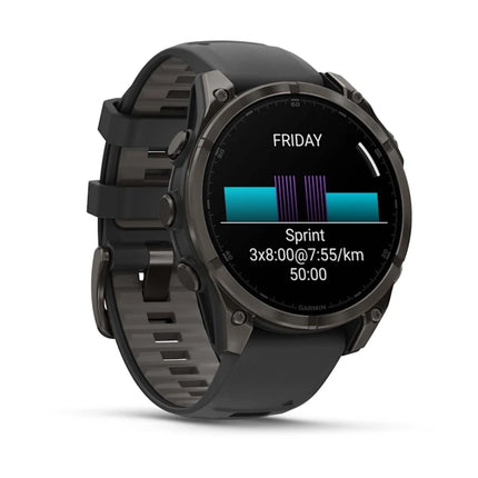 Garmin Fenix 8 Smartwatch, black/gray case with black band, display on showing training data