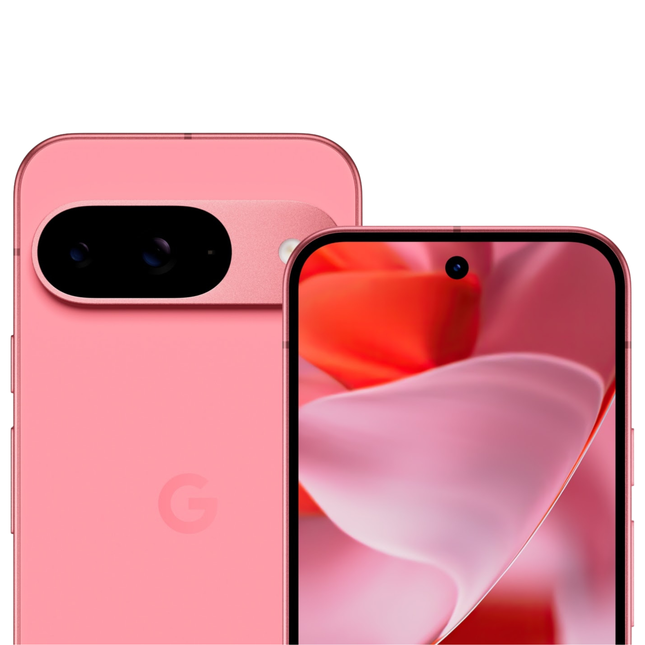 Google Pixel 9 5G, pink, angled front and back view pair