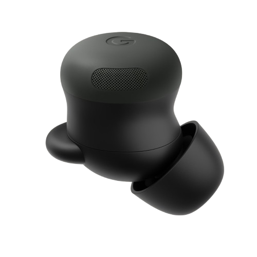 Google Pixel Buds Pro 2, black/charcoal, single earbud angled close-up view