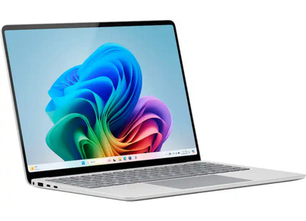 Microsoft Surface Laptop 7, platinum silver, open angled front with screen on