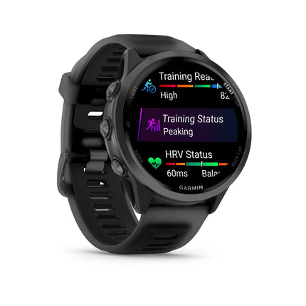 Garmin Forerunner 570 Smartwatch, black with black band, display on showing run metrics