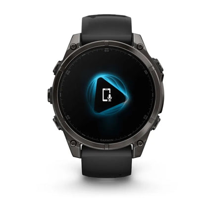 Garmin Fenix 8 Smartwatch, black/gray case with black band, display on showing Garmin app