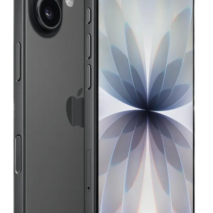 Apple iPhone 17, black, front view display on with floral abstract wallpaper