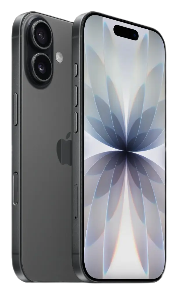 Apple iPhone 17, black, front view display on with floral abstract wallpaper