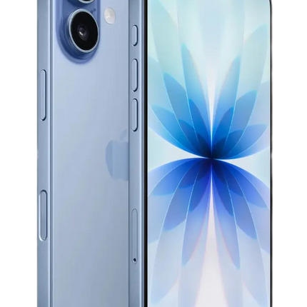 Apple iPhone 17, blue, rear and front angled view with floral abstract wallpaper