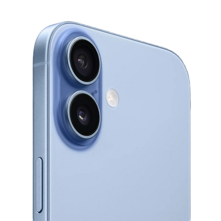 Apple iPhone 17, blue, rear view showing dual camera